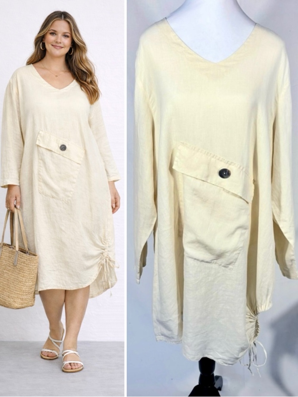 Match Point Linen Asymmetrical Pocket Tie Side Shirtdress Soft Yellow~XL 🧡